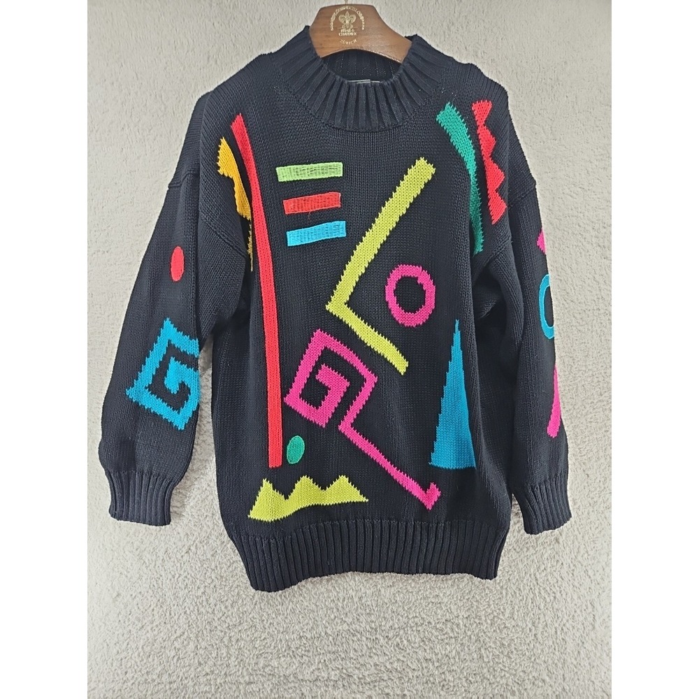 Vintage Totally Rad 80's Woman's Sweater Geometric Print Long Neon  Multi Color